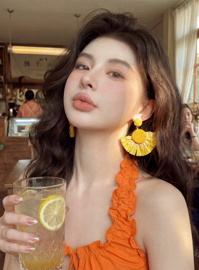 骄阳明媚~黄色花朵草编耳环女高级感小众夸张耳钉海边度假风耳饰