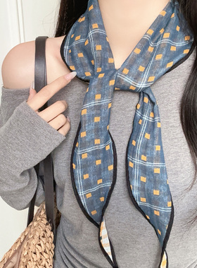 复古蓝色格子波点三角丝巾女配饰高级感气质韩系小众系脖围巾领巾