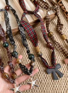 美拉德风~咖色腰果花丝巾项链女高级感复古气质系脖配饰小众设计