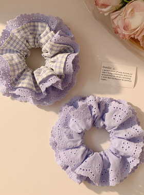 清新海盐~蓝色格子蕾丝大肠发圈女高级感气质头绳发饰扎头丸子头