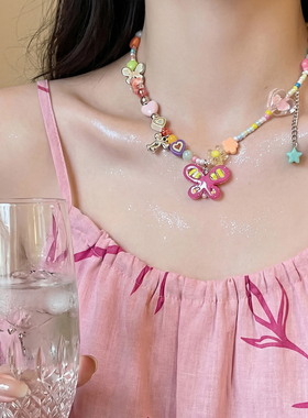 多巴胺彩色串珠蝴蝶吊坠项链