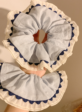 小众韩系蓝色花边大肠发圈女高级感气质复古头绳扎头发超大发饰