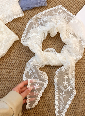 高级感白色蕾丝花朵丝巾女氛围感气质包头三角头巾领巾屁帘薄款