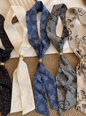 复古气质米色镂空花朵丝巾女高级感韩系系脖条领巾时尚配饰薄款