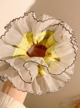 韩系黄色条纹网纱边双层大肠发圈女高级感气质超大头饰发绳扎头发