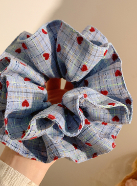 蓝色波点双层大肠发圈女高级感韩系复古头饰发绳扎头发丸子头超大