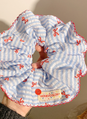 慵懒风蓝色条纹蝴蝶结大肠发圈女高级感复古发绳头饰扎头发超大