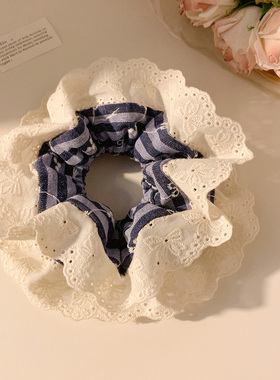 韩系学院风蓝色条纹蕾丝大肠发圈女高级感复古双层头饰扎头发发绳