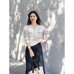 apipedream如一梦美利奴绵羊毛花边亨利领条纹针织衫 胶片日记