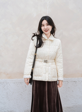 apipedream如一梦 翻领方格绗缝腰带鹅绒石墨烯羽绒服/栗子奶油