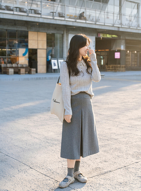 apipedream如一梦麦尔登呢羊毛开衩中裙直筒灰色半身裙/雨雪天