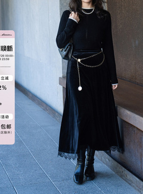 apipedream如一梦 黑色韩国进口丝绒蕾丝拼接百搭半身裙/舒曼夜曲