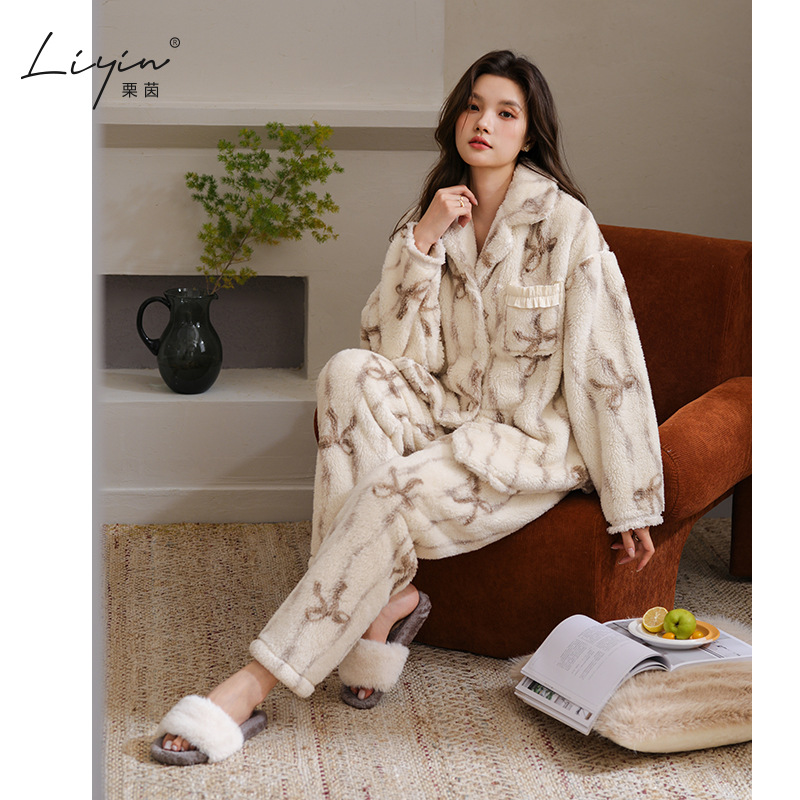 栗茵原创冬季舒棉绒韩系开衫女士睡衣保暖可外穿珊瑚绒家居服