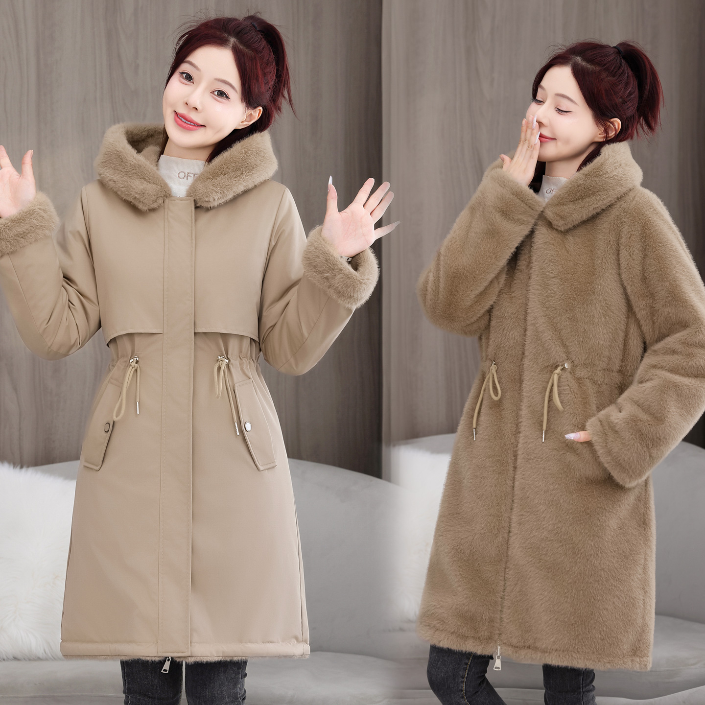 两面穿加厚加绒中长款派克服时尚