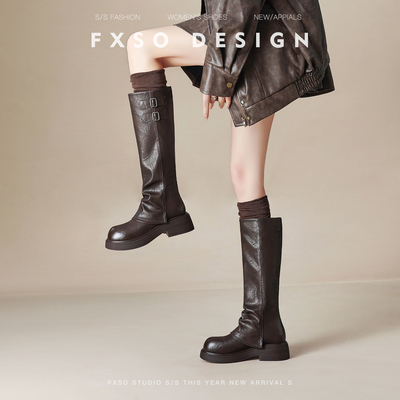 真皮版新款褶皱感裤管靴高筒靴女