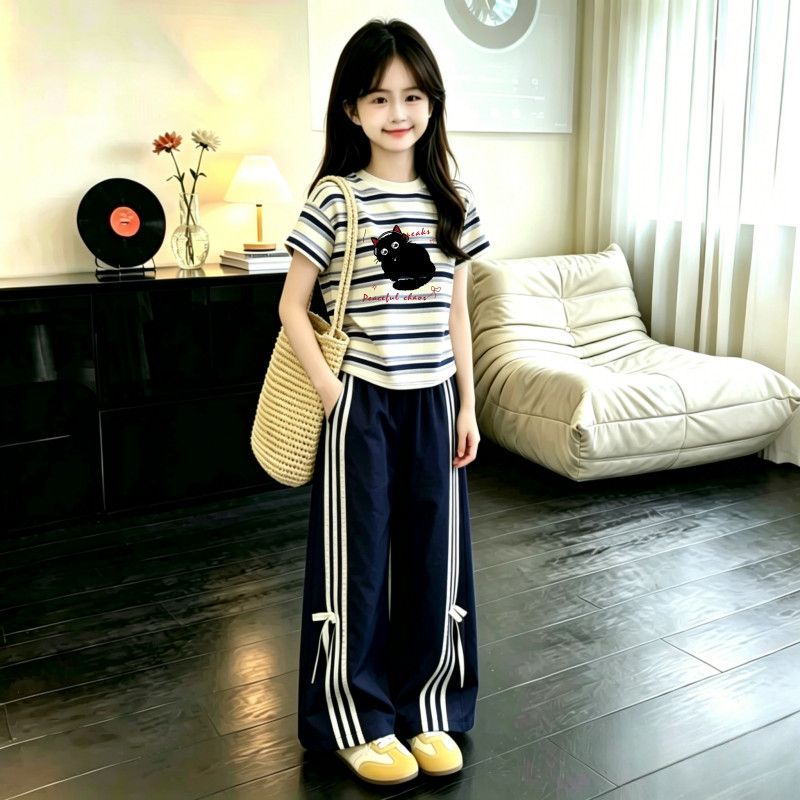女童夏季薄款韩系条纹运动套装图片