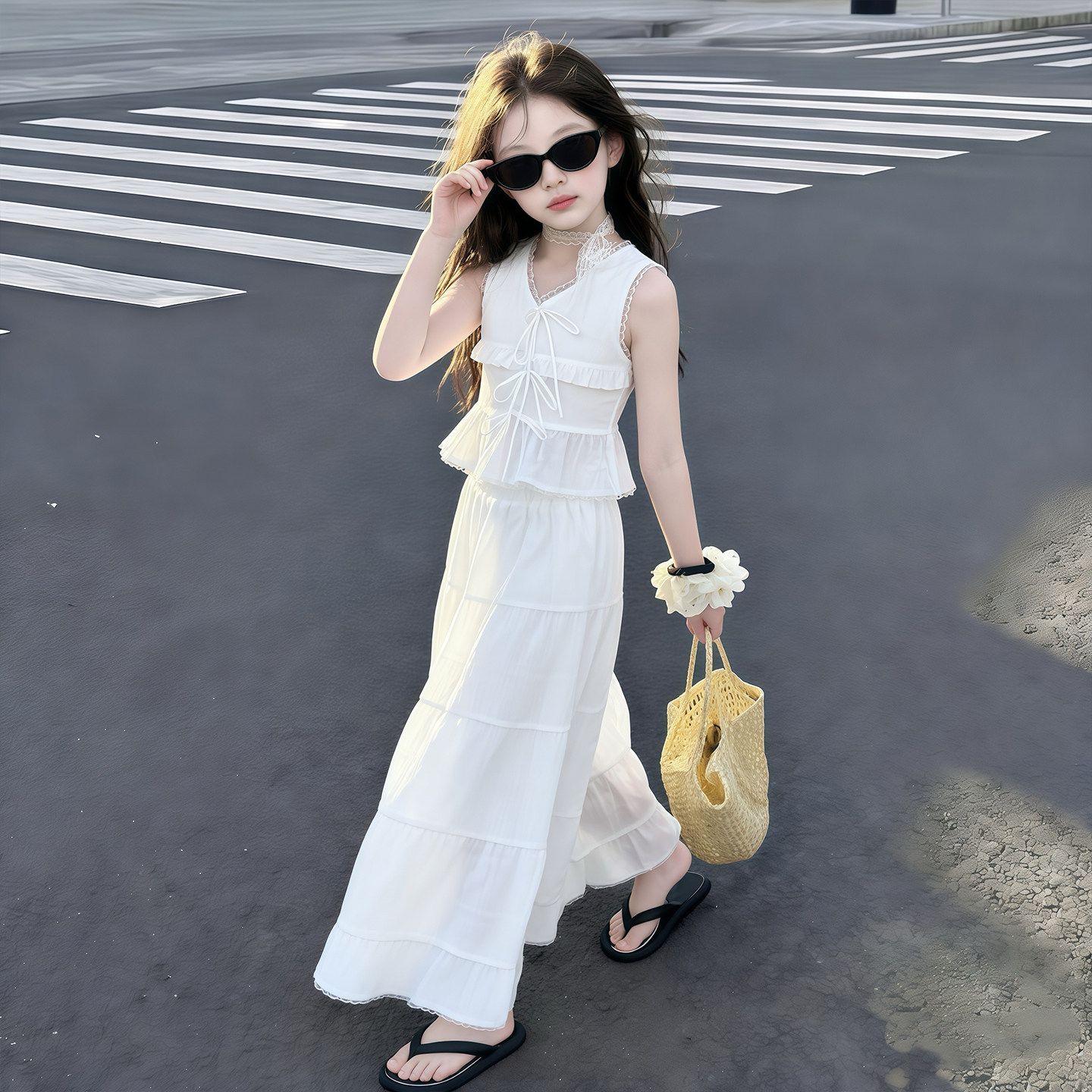 女童夏季甜美花边公主裙两件套图片