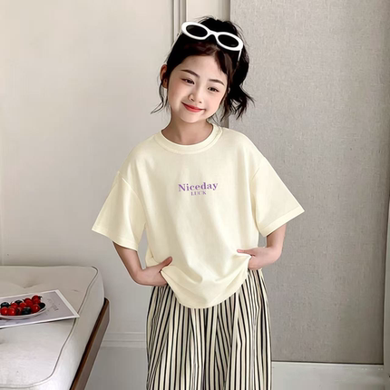 2026甜美风女童短袖T恤夏季圆领宽松休闲字母印花上衣洋气薄款