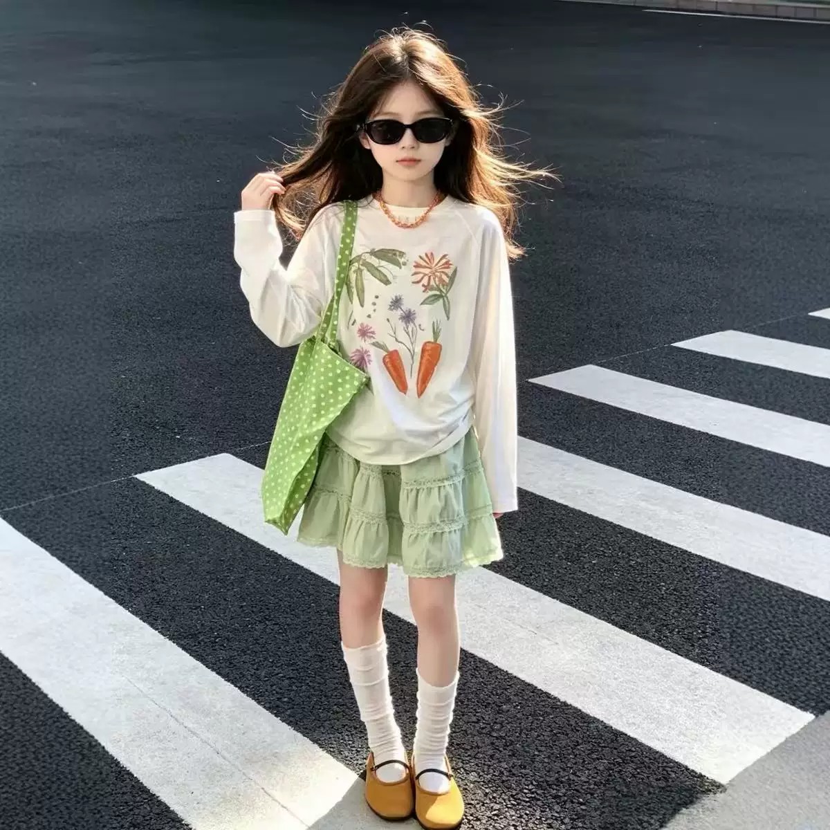 女童冰丝防晒长袖连衣裙两件套图片