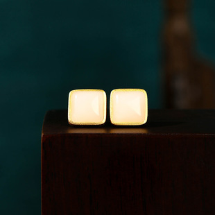 艾尔缘925银针古法镀金仿白玉方糖耳钉个性简约百搭方形女士耳饰