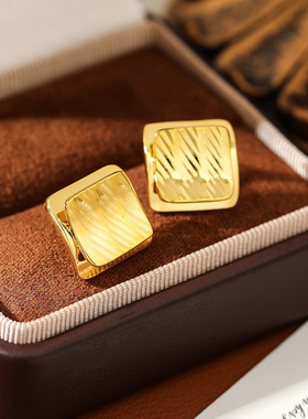 铜镀真金精致时尚网红双层拉丝设计感几个方块耳钉轻奢S925银针女