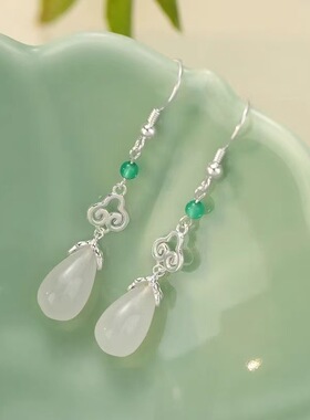 新款新中式国风祥云仿玉髓水滴小巧精致旗袍配饰耳环耳饰耳夹女