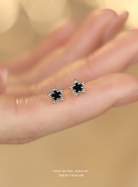 s999足银五角星耳钉女小星星耳环小众简约小清新新款潮流耳饰