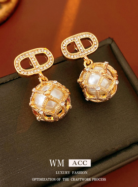 银针锆石猪鼻子圆形珍珠耳环法式复古精致百搭耳钉轻奢感耳饰