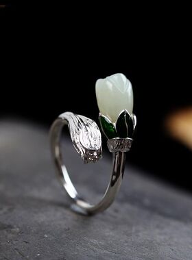 925银饰品和田玉开口戒指指环女士玉髓玉兰花日韩版纯银开口戒指