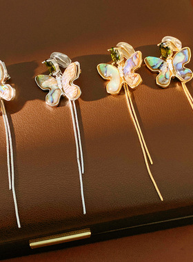 蝴蝶流苏耳夹18k真金电镀锆石海贝民族风复古耳环轻奢感耳饰