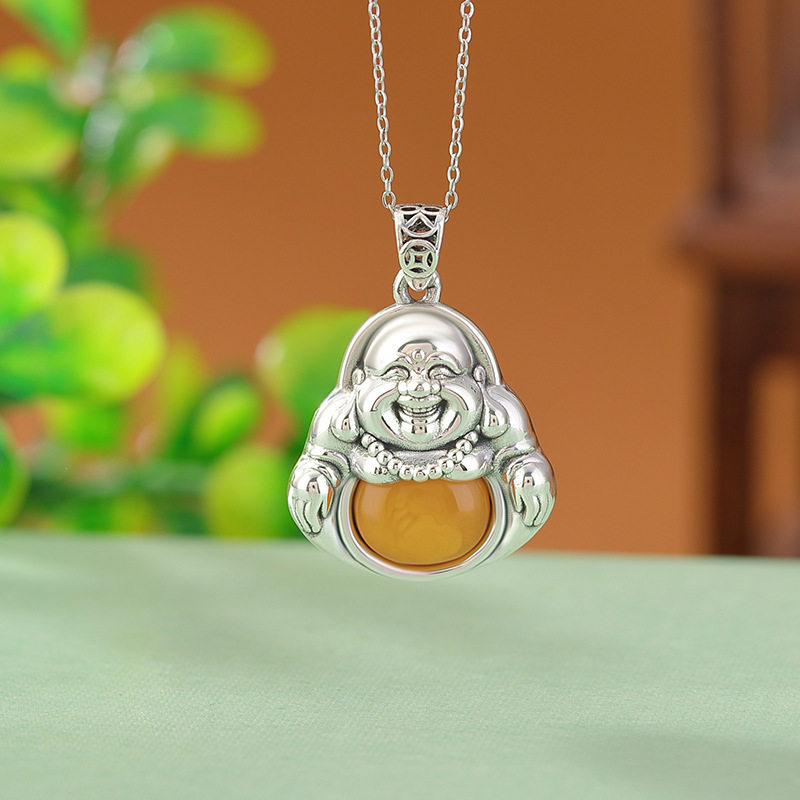 925银蜜蜡笑口弥勒佛莲花大肚佛复古百搭女款感挂坠银吊坠