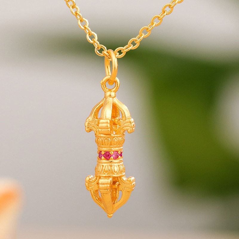 S925银镀金金刚杵项链吊坠西藏式金刚铃迷你小挂件女士款串珠配饰