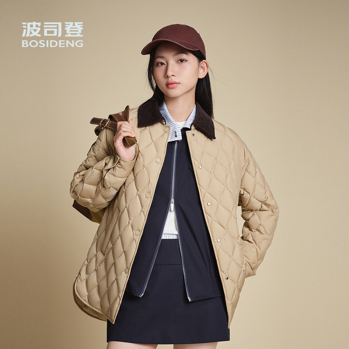 波司登时尚中长款衬衫领羽绒服