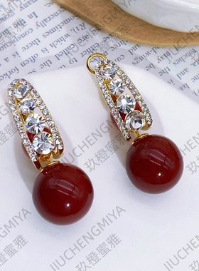 铜合金合成锆石耳饰 暮冬黄昏KL034精致红色喜庆过年两戴珠珠耳环