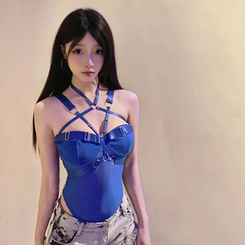 夜店演出性感挂脖交叉绑带塑身连体衣女蓝色无袖一字领紧身背心