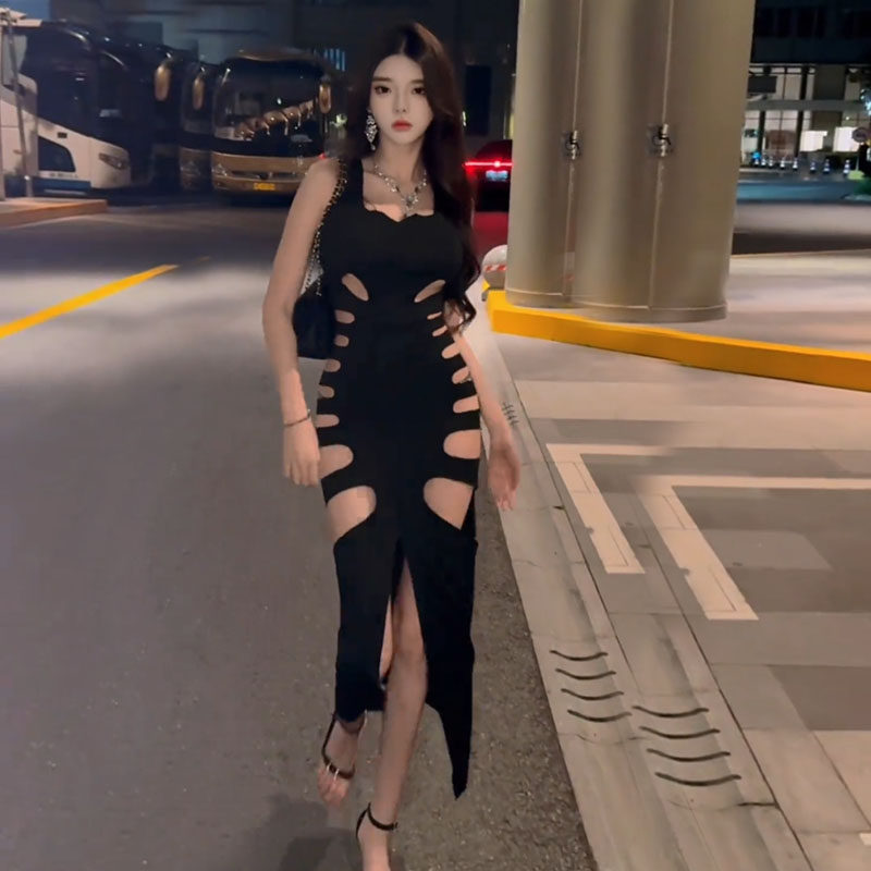 欧美辣妹镂空夜店街头性感长袖连衣裙女气质修身显瘦内搭打底长裙