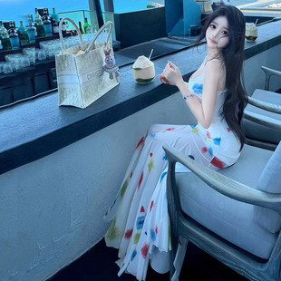 纯欲辣妹夏日水彩吊带连衣裙女春夏小个子长款不规则裙摆鱼尾裙子