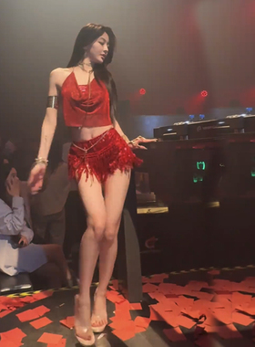 性感挂脖钻bling短款背心流苏高腰裙裤短裤亮片套装红色夜店演出