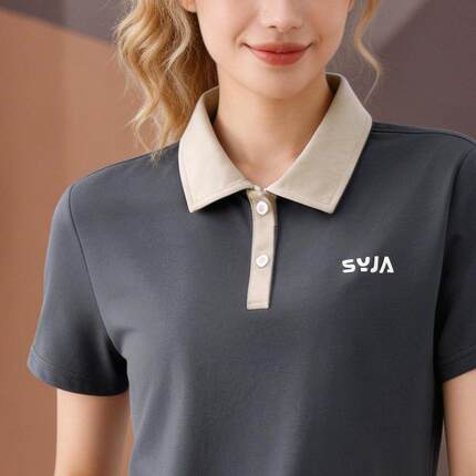 SYJA翻领短袖POLO衫女宽松撞色百搭通勤上衣显瘦