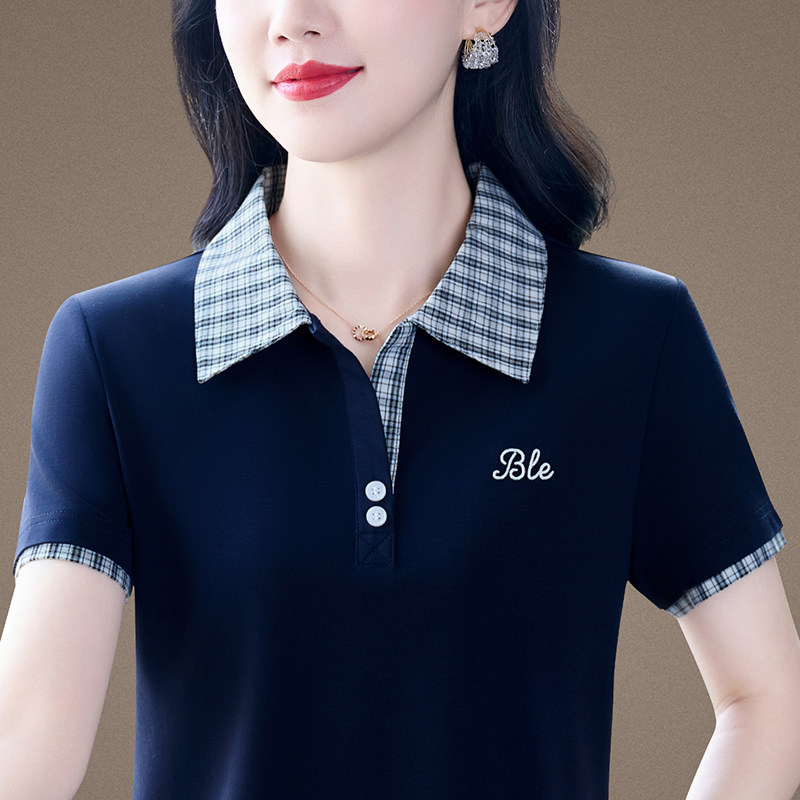 格纹拼接翻领POLO衫女短袖2026新款减龄上衣