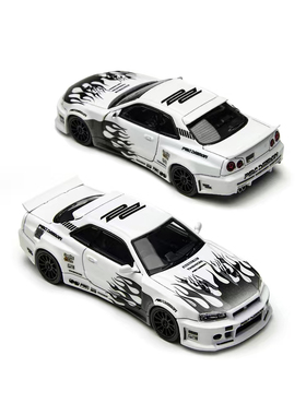 TM PSC 1:64 日产尼桑GTR R34 齿虎 黑白火焰 仿真合金汽车模型
