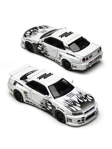 TM PSC 1:64 日产尼桑GTR R34 齿虎 黑白火焰 仿真合金汽车模型