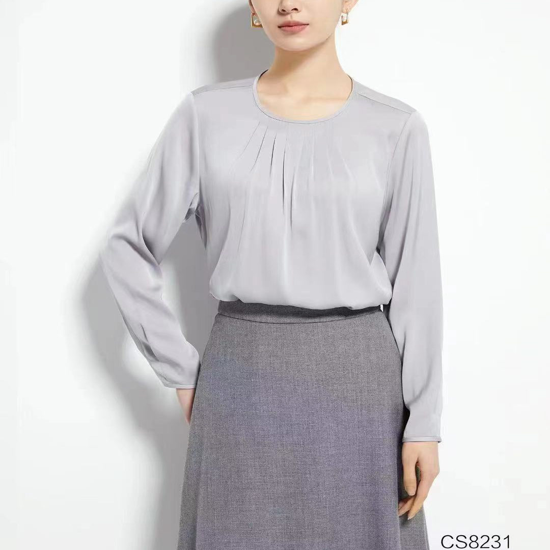 米瑞多娜  纯色圆领长袖衬衫 真丝桑蚕丝女上衣CS8231