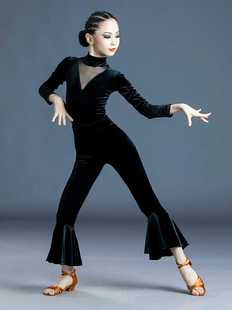 套裝 秋冬季 新款 絲絨網紅拉丁舞蹈喇叭褲 上衣練功服裙 女童黑色長袖