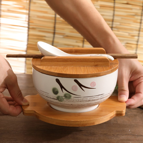 日式陶瓷面碗带盖勺饭盒食堂