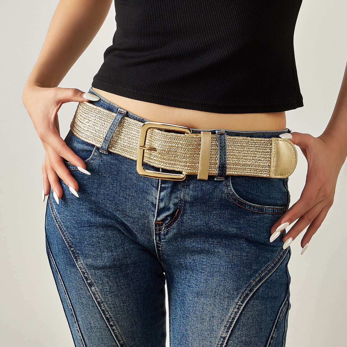 新款韩版棉麻风金色PP草编织腰带女合金扣连衣裙长衫装饰宽带皮带