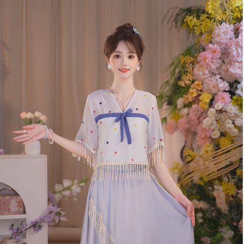 瑶西蓝风铃国风雾蓝流苏汉服套装