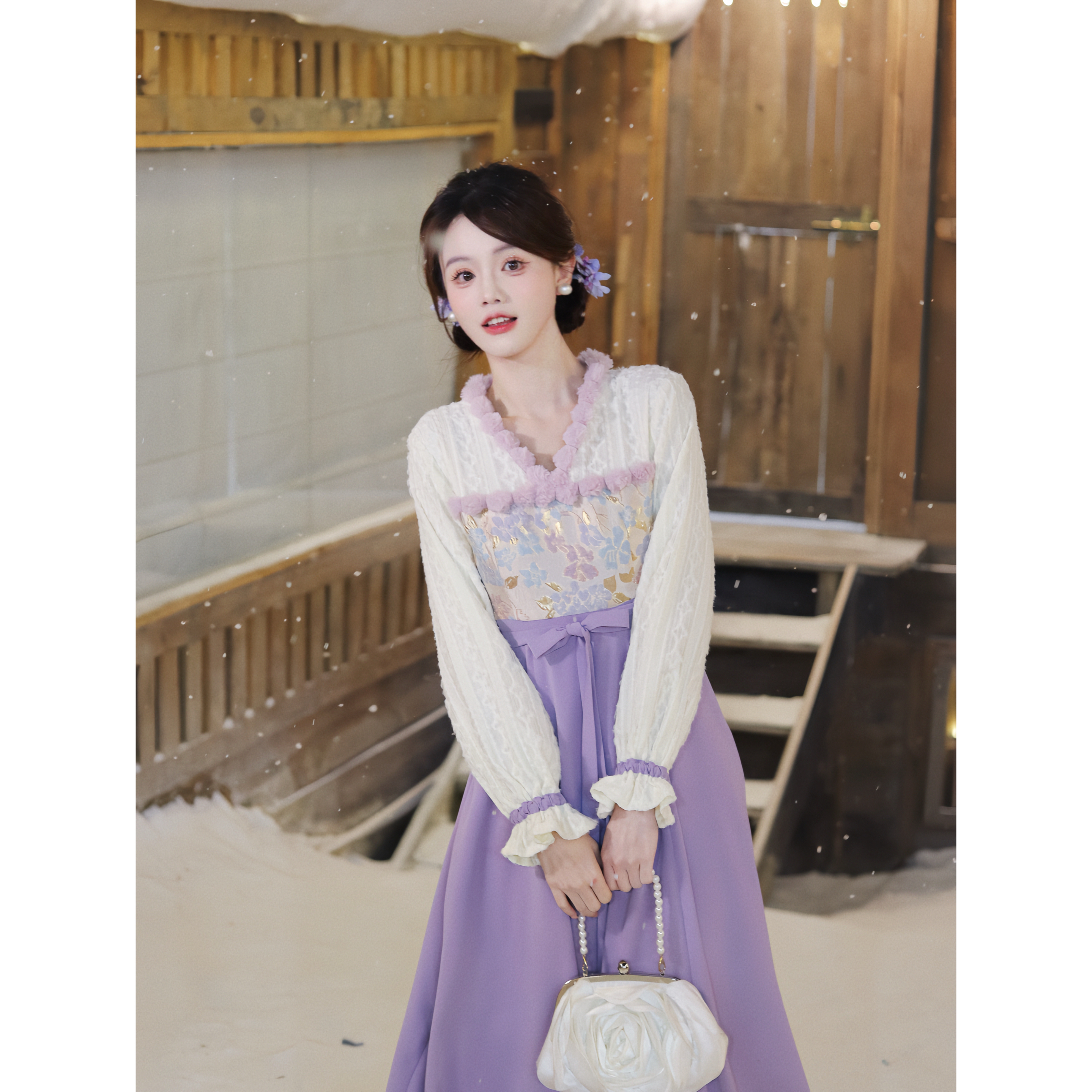 瑶西【暮色琉璃】冬季新款紫织金浮雕提花新中式加厚长款连衣裙