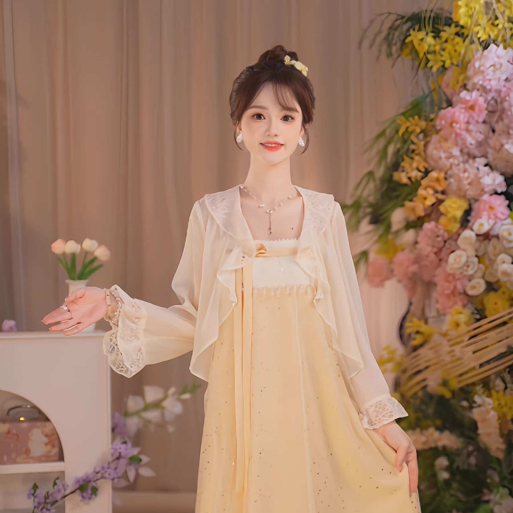 瑶西【明月琉璃】夏新款国风原创新款蕾丝开衫洒金温柔奶黄连衣裙