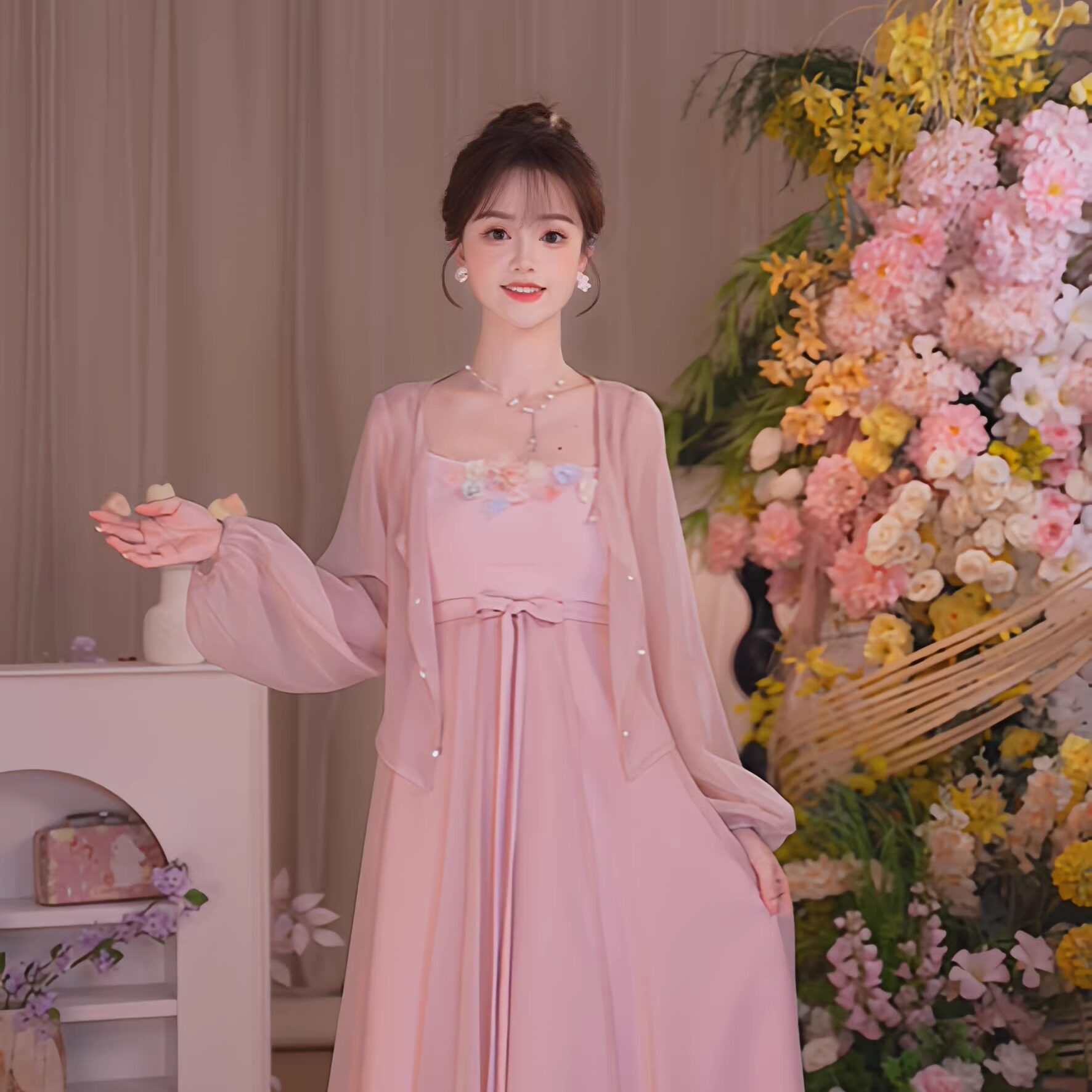 瑶西【花粉时节】国风原创汉元素日常改良针织拼接款雾粉连衣裙